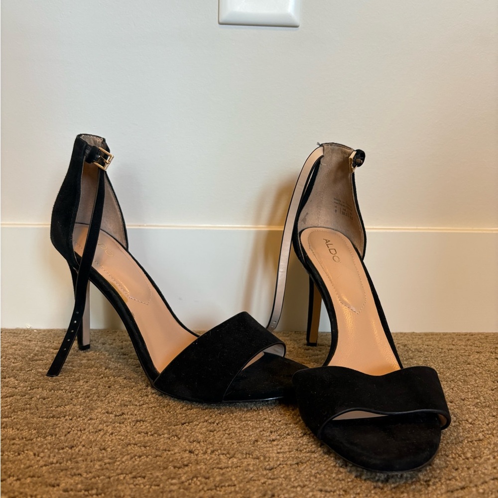 Aldo Black Suede Open-Toe Ankle-Strap Heels